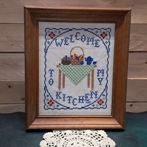 Vintage Framed Cross Stitch ‘Welcome to My Kitchen’ Farmhouse Cottagecore Wall